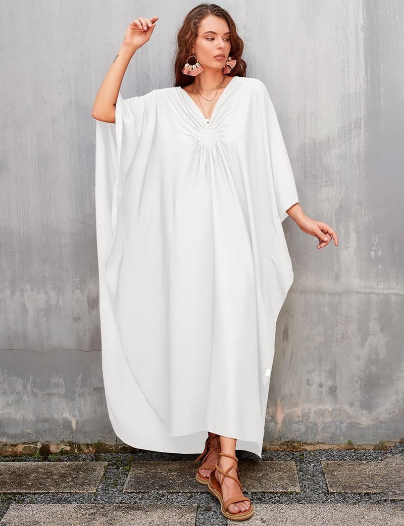 Bsubseach Women Solid Color Cover Up V Neck Batwing Sleeve Plus Size Beach Kaftan Dresses - Image 2